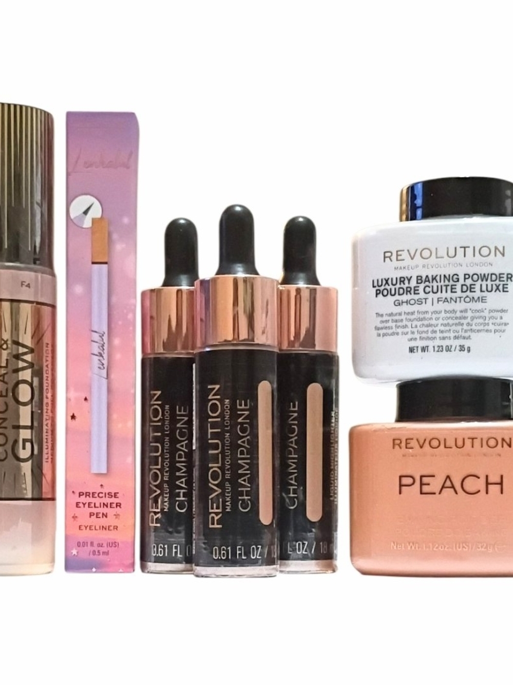 Revolution Makeup Bundle Conceal & Glow F4 + 3 Champagne Highlighters + 2 Powder